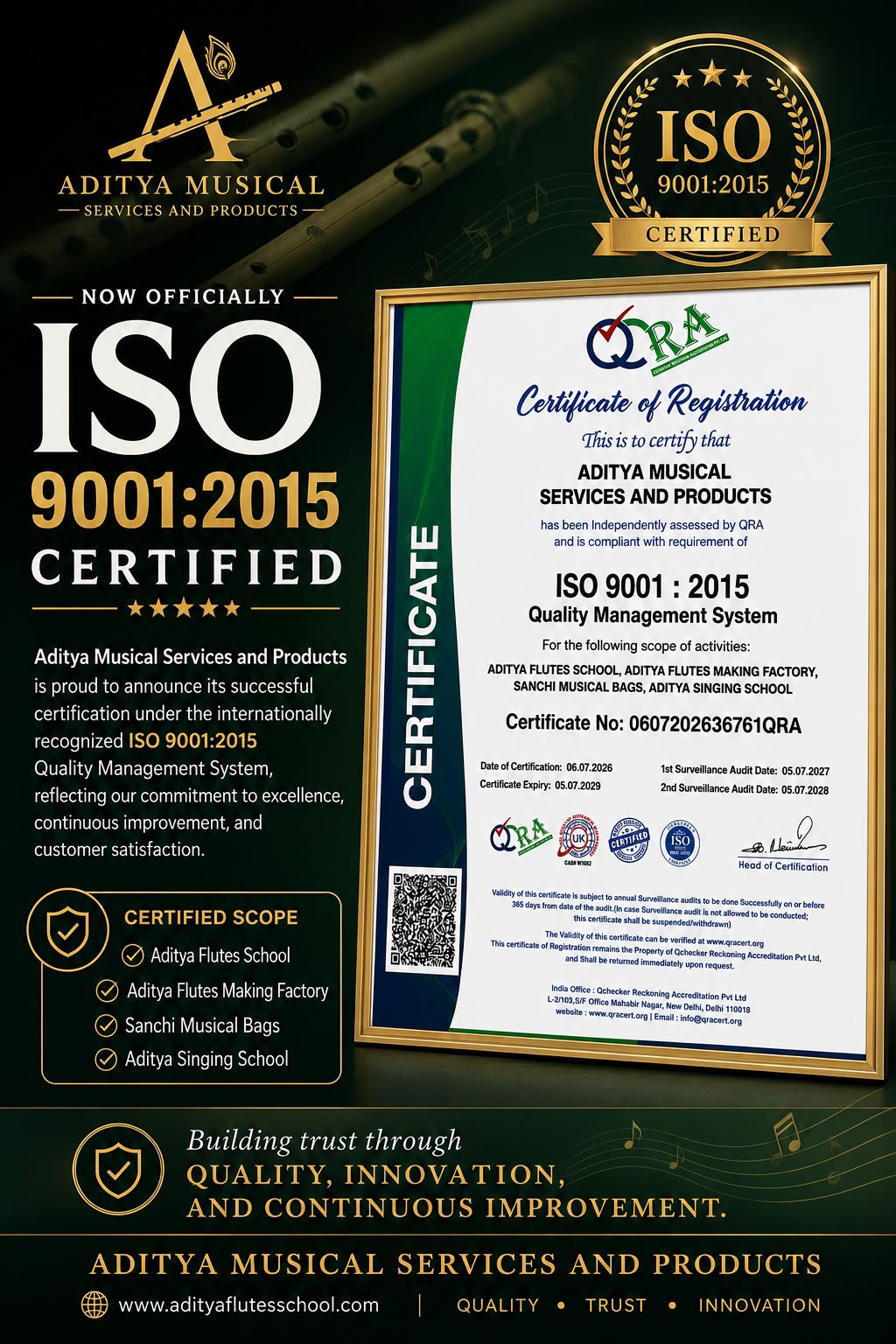 Official ISO 9001:2015 Certificate of Aditya Flutes School